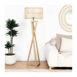 Wabi Home lampadaire design géométrique avec pieds en bois et abat-jour en fibre de rotin