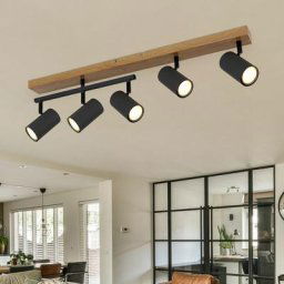 Plafonnier spots aspect bois salle à manger GU10 noir 5 flammes plafonnier orientable pivotant,