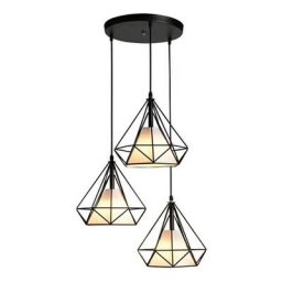 Stoex - Lustre Suspension Cage forme Diamant 25cm Corde Ajustable avec Support Disque Rond 3 Lampe