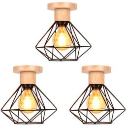 Axhup - Lot de 3 Rétro Plafonnier Vintage Cage en Métal et Bois E27 Lustre Lampe Plafond pour