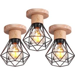 3 Pack Plafonnier Industriel Vintage Interieur Stoex Lampe de plafondRétro en Bois Douille E27 Cage