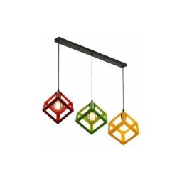 Suspension Contemporain en Cage Cube Fer, Lustre Abat-jour 3 Couleur Différent Luminaire pour Salon