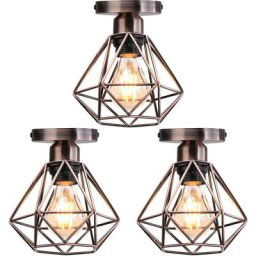 3pcs Plafonnier Industriel en Métal, Suspension Luminaire Style Vintage Design forme Cage Diamant