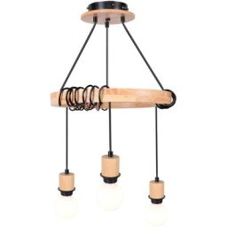 Lustre Suspension 3 E27 Douille Noir, Lampe de Plafond avec Anneau en Bois, Plafonnier Vintage