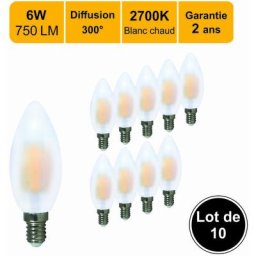 Lot de 10 ampoules led filament E14 6W (équiv. 57w) 750Lm 2700K - garantie 2 ans