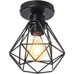 Plafonnier Industriel en Métal, Noir Suspension Luminaire Style Vintage Design forme Cage Diamant