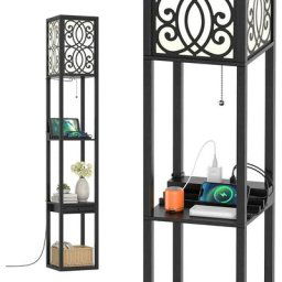 Lampadaire sur Pied à 3 Niveaux, Lampe à Poser Rectangulaire avec Douilles E27, Étagères Ouvertes