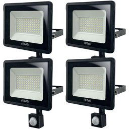 Lot de 4 Projecteurs LED 50W Noir détecteur de mouvement IP65 Température de Couleur: Blanc froid