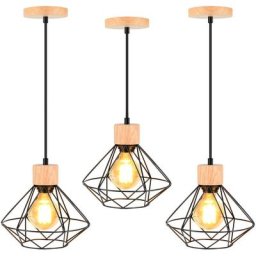 Axhup - 3PCS Pendentif Rétro Vintage Lustre Suspension Industrielle Cage en Métal et Bois Noir