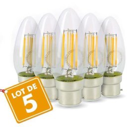 Eclairage Design - Lot de 5 Ampoules led Flamme Filament 4w eq. 40W Culot B22 blanc chaud 2700K