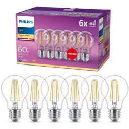 Ampoule led Standard E27 60W Blanc Chaud Claire, Verre, Lot de 6 - Philips