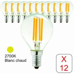 Lot de 12 ampoules LED filament E14 sphérique 4W 470Lm 2700K - garantie 2 ans