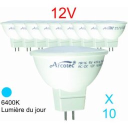 Lot de 10 ampoules led GU5.3 (MR16) 12V 4,4W - 120° - 350Lm 6400K - garantie 2 ans