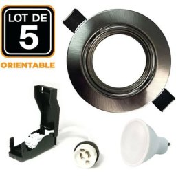 Europalamp - 5 Spots encastrable orientable Alu Brossé avec GU10 led de 7W eqv. 56W Blanc Chaud