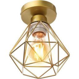 Plafonnier Industriel en Métal, Doré Suspension Luminaire Style Vintage Design forme Cage Diamant