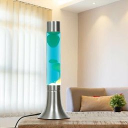 Lampe à Lave YVONNE au design rétro argenté avec liquide bleu et cire turquoise Ø13cm H:38cm