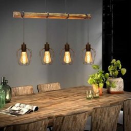 Suspension luminaire, rétro et vintage, à 4 lampes en bois, pour salle à manger, design industriel
