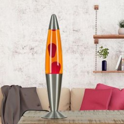 Lampe à Lave Jenny argentée au design vintage en style rétro avec cire rouge et liquide jaune G9