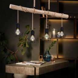 Suspension poutre en bois naturel Suspension cage noir Suspension bois style campagnard, noir, 4x
