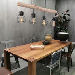 Suspension design en bois avec abat-jour en grille Suspension avec poutres en bois 4 flammes, métal