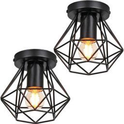 Lot de 2 Plafonnier industrielle cage en métal fer forge, retro suspension luminaire lustre style