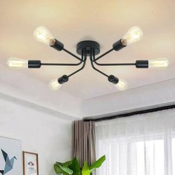 Plafonnier Lustre Luminaire Industriel en Metal 6 Lampe Lumières E27 Éclairage de Plafond Noir Sans
