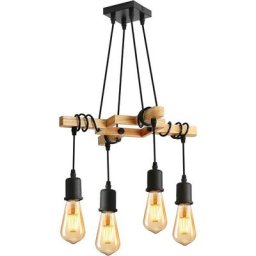 Suspensions Vintage, Plafonnier Industriel en Bois et Métal Noir, 4 ampoules E27 non incluses, max