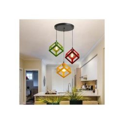 Suspension Contemporain en Cage Cube Fer, Lustre Abat-jour 3 Couleur Différent Disque Luminaire