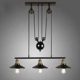 Lustre Industriel à 3 Lampes avec Poulie en Fer Effet Rétro Noir