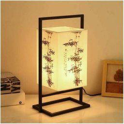 Chambre lampe de chevet, moderne asiatique Lampe de table/Noir Cadre, Cuboid Tissu Shade Soft Light