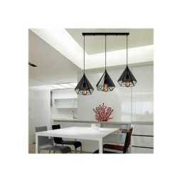 Suspension Industriel forme Diamant Barre de 3 lampes Métal Lustre abat-jour luminaire E27 Noir