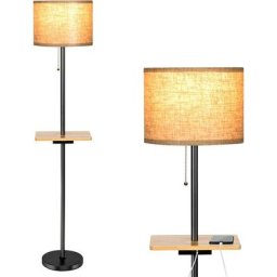 Lampadaire Moderne 153CM avec Tablette Abat-jour en Tissu de Lin et Plateau en Bois d'Hévéa 2 Ports