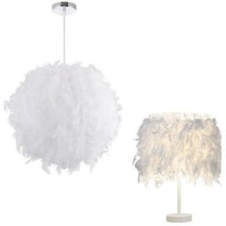 Lustre Suspension abat-jour Lampe plumes 30 cm + Lampe de table en plumes Blanc 20cm