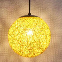 Stoex - Jaune Rétro Suspension Luminaire en Rotin Globe Rond 15cm , Lustre Abat-jour diy Lampe