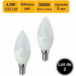 Lot de 2 ampoules LED E14 flamme 4,5W 330Lm 3000K - garantie 5 ans