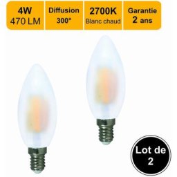 Lot de 2 ampoules led filament E14 4W 470Lm 2700K - garantie 2 ans