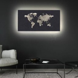 Carte du monde murale illuminée LED carte du monde murales illuminées, rétro-éclairage, gris métal,