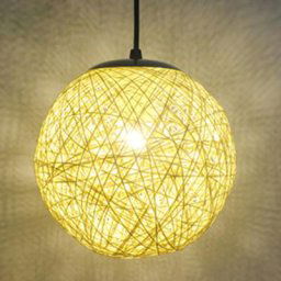 Stoex - Beige Rétro Suspension Luminaire en Rotin Globe Rond 15cm , Lustre Abat-jour diy Lampe