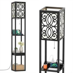 Costway - Lampadaire avec 3 Étagères et Tiroir, Lampe Étagère avec 1 Prise de Courant et 2 Ports