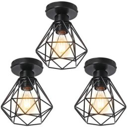 3pcs Plafonnier Industriel en Métal, Suspension Luminaire Style Vintage Design forme Cage Diamant