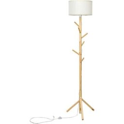 Lampe sur Pied 185CM 2 en 1 Porte Manteau en Bois avec 6 Crochets Interrupteur à Pied Lampe E27 en