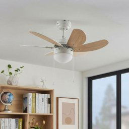 Ventilateur de plafond avec lampe 'Minja' en métal pour salon & salle à manger - blanc, hêtre
