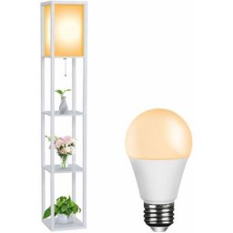 Lampadaire Bois Lampe Étagère E27 avec Cadeau (Ampoule 8W)-Blanc - Blanc - Puluomis