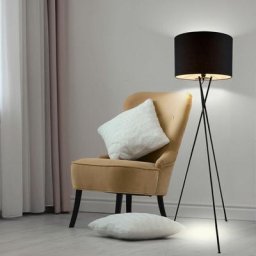 Lampadaire 3 pieds trépied textile noir Lampadaire salon, avec interrupteur cadre métal, 1x E27,
