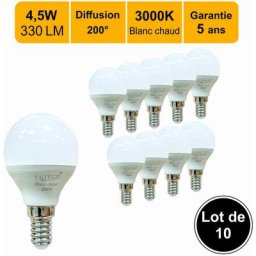 Lot de 10 ampoules LED E14 4,5W 330Lm 3000K - garantie 5 ans
