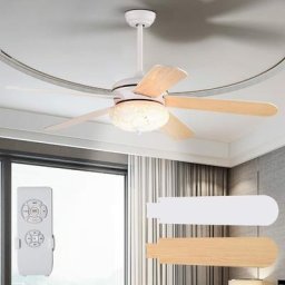 Ventilateur de Plafond Silencieux Dia.132cm 5 Pales Réversibles avec Lumière, Télécommande Moteur