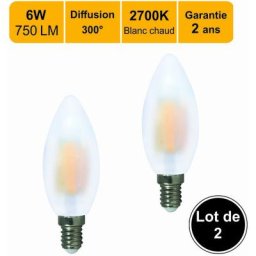 Lot de 2 ampoules led filament E14 6W (équiv. 57w) 750Lm 2700K - garantie 2 ans