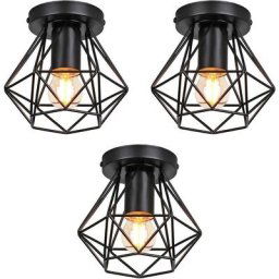 Lot de 3 Plafonnier Industriel Cage Diamant en Fer Forgé, E27 Éclairage de Plafond Luminaire Led