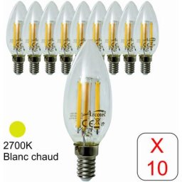 Lot de 10 ampoulesLED filament E14 flamme 6W 750Lm 2700K - garantie 2 ans