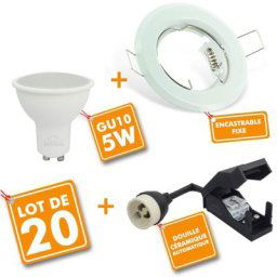 Lot de 20 Spot LED encastrable complet Blanc Fixe avec Ampoule GU10 5W Température de Couleur:
